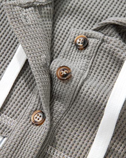 Gray Waffle Patchwork Drawstring Hooded Long Sleeve Top