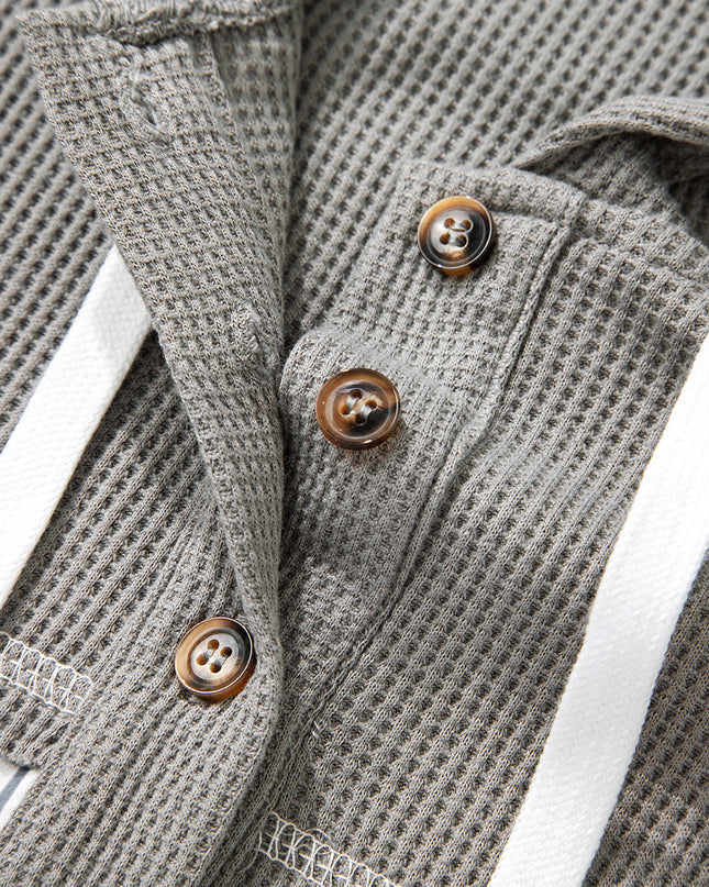Gray Waffle Patchwork Drawstring Hooded Long Sleeve Top