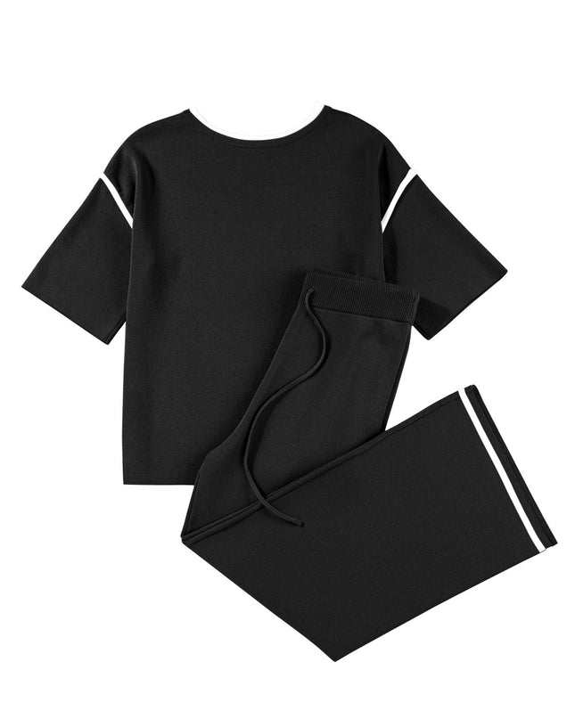 Navy Blue Loose Contrast Trim Half Sleeve Top and Drawstring Pants Set