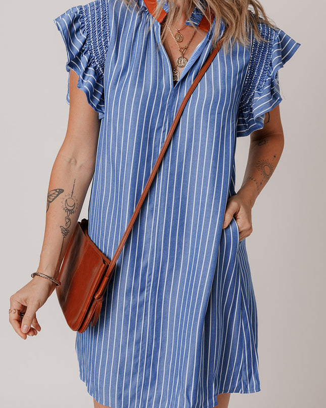 Sky Blue Stripe Frilly Split Neck Shirred Ruffle Sleeve Mini Shift Dress