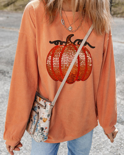 Orange Crinkle Ribbed Halloween Sequin Pumpkin Graphic Sweatshirt