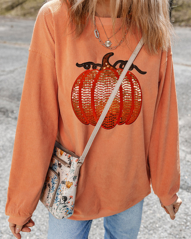 Orange Crinkle Ribbed Halloween Sequin Pumpkin Graphic Sweatshirt