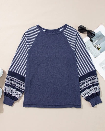 Rose Red Contrast Print Striped Raglan Long Sleeve Loose Top