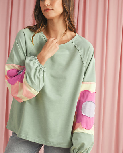 Smoke Green Flower Patchwork Exposed Seam Raglan Sleeve Top