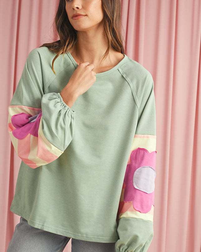 Smoke Green Flower Patchwork Exposed Seam Raglan Sleeve Top