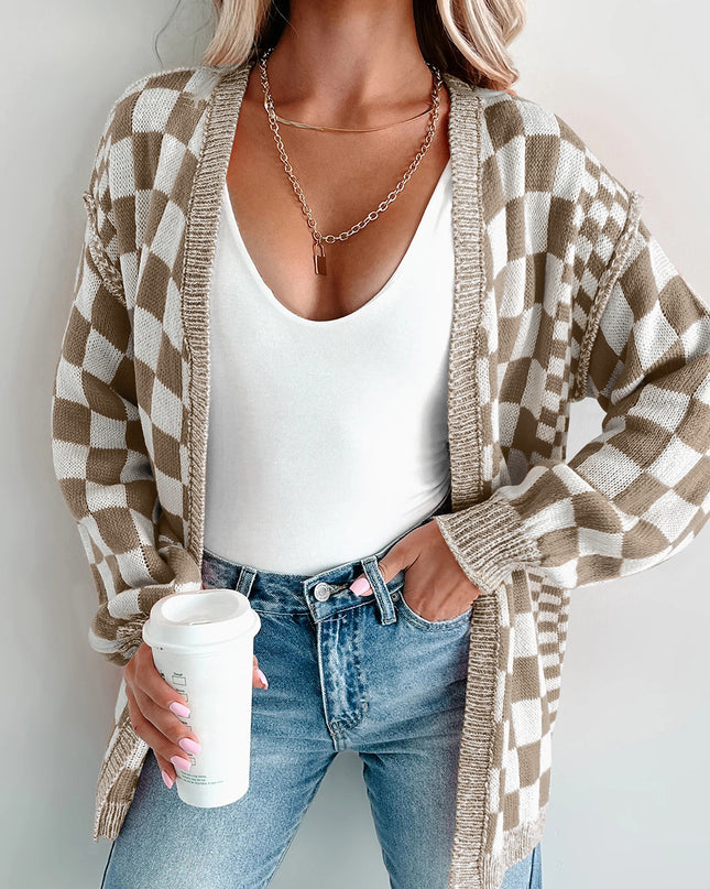 Orange Checkered Open Front Drop Shoulder Cardigan