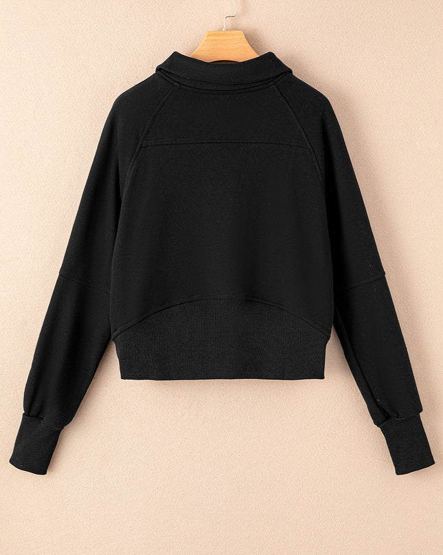 Black Zip Up Stand Collar Ribbed Thumbhole Sleeve Sweatshirt