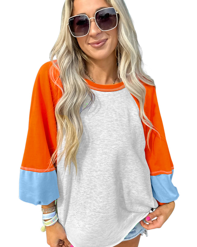 Light Grey Colorblock Raglan Sleeve Loose Fit Top