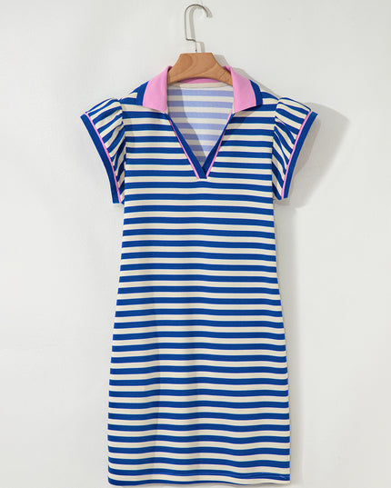 Green Striped Ruffle Short Sleeve Pop of Color Neckline Dress