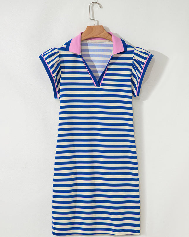 Green Striped Ruffle Short Sleeve Pop of Color Neckline Dress