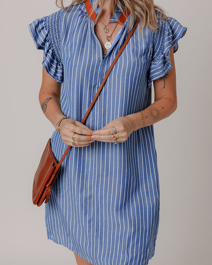 Sky Blue Stripe Frilly Split Neck Shirred Ruffle Sleeve Mini Shift Dress