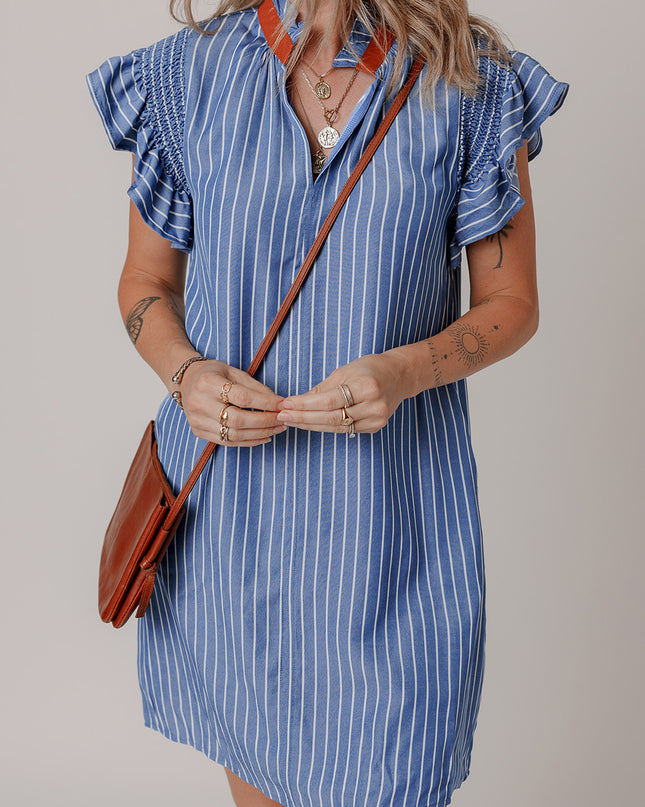 Sky Blue Stripe Frilly Split Neck Shirred Ruffle Sleeve Mini Shift Dress