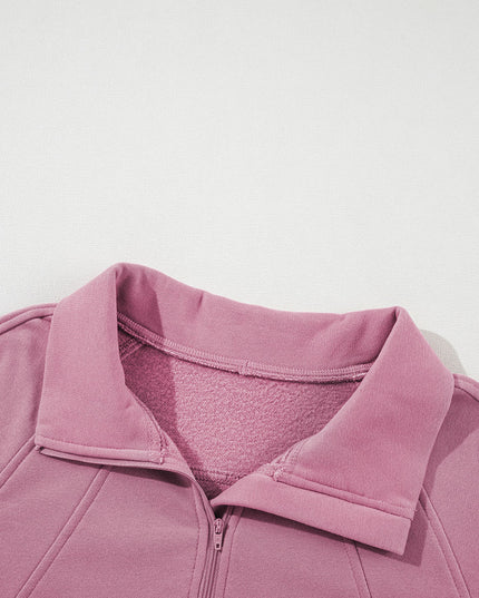 Black Zip Up Stand Collar Ribbed Thumbhole Sleeve Sweatshirt