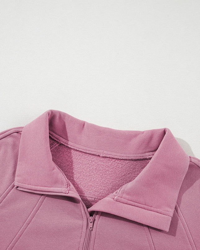 Black Zip Up Stand Collar Ribbed Thumbhole Sleeve Sweatshirt