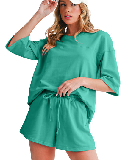 Bonbon Loose V Neck Tee and Drawstring Shorts Set