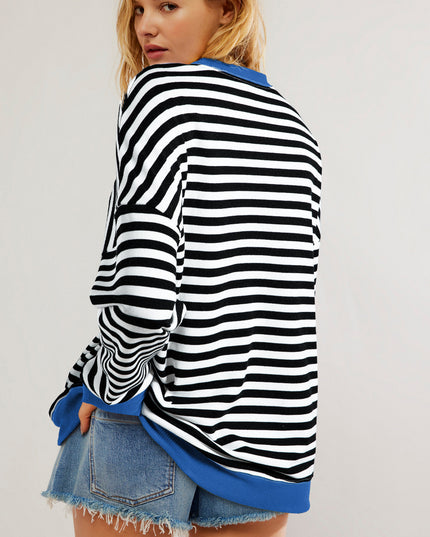 Blue Striped Contrast Trim Drop Shoulder Sweatshirt