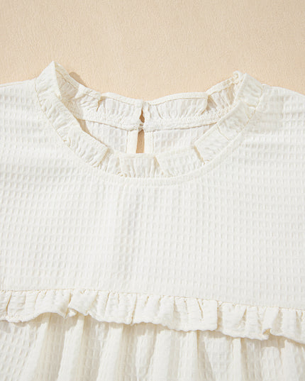 White Solid Color Ruffle Trim Waffle Textured Blouse