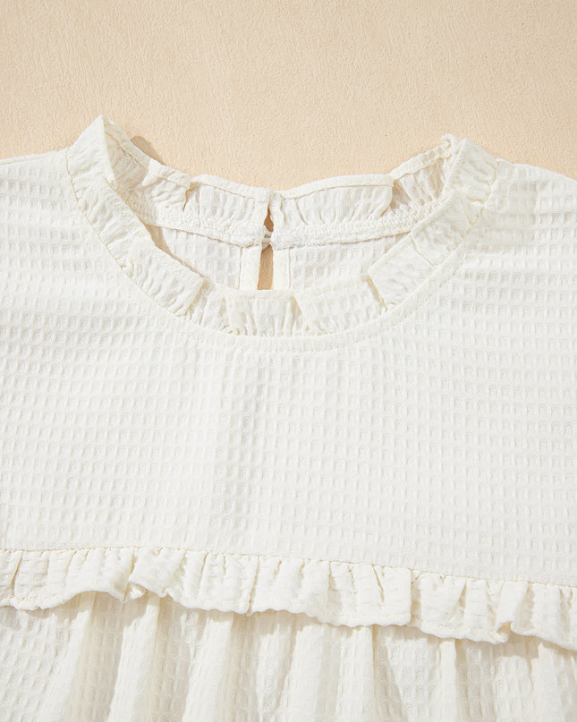 White Solid Color Ruffle Trim Waffle Textured Blouse