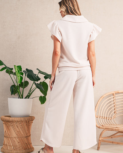 Beau Blue Textured Ruffle Sleeve Zipped Top and Wide Leg Pants Set