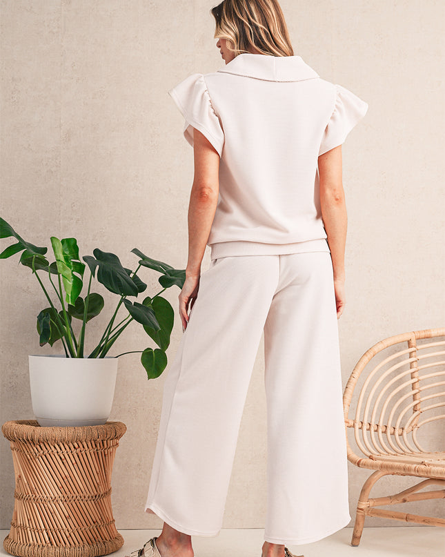 Beau Blue Textured Ruffle Sleeve Zipped Top and Wide Leg Pants Set