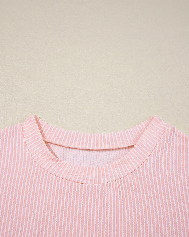Dark Blue Corded Knit Color Block Pocketed Crew Neck T Shirt