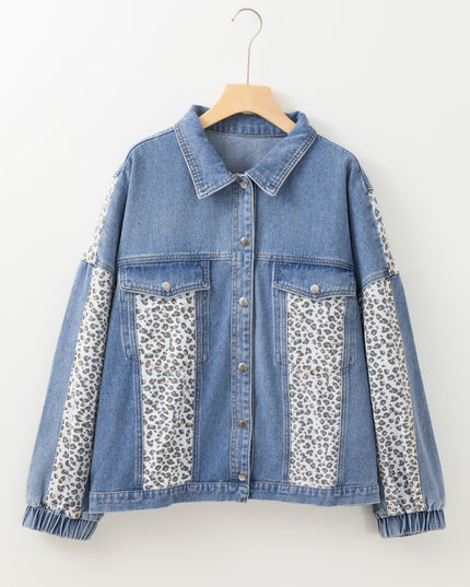 Beau Blue Leopard Patchwork Plus Size Denim Jacket
