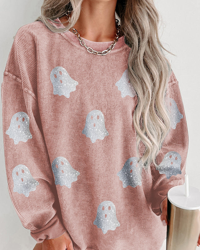 Pink Halloween Ghost Corded Crew Neck Loose Sweatshirt