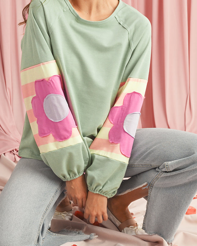 Smoke Green Flower Patchwork Exposed Seam Raglan Sleeve Top