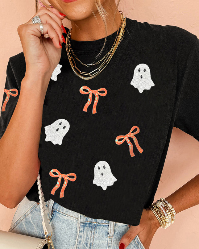 Black Sequin Bow Ghost Patched Halloween Graphic Tee