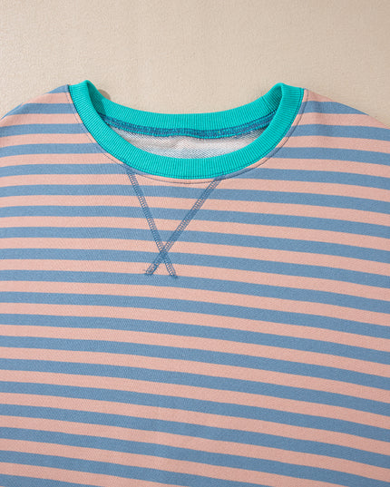 Blue Striped Contrast Trim Drop Shoulder Sweatshirt
