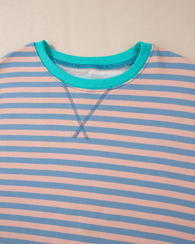 Blue Striped Contrast Trim Drop Shoulder Sweatshirt