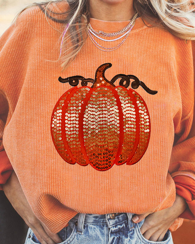 Orange Crinkle Ribbed Halloween Sequin Pumpkin Graphic Sweatshirt
