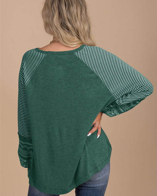 Rose Red Contrast Print Striped Raglan Long Sleeve Loose Top