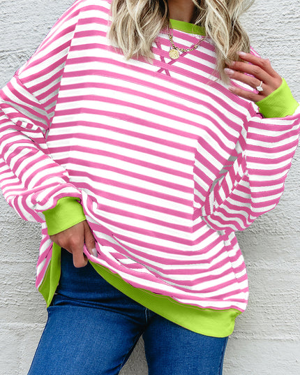 Blue Striped Contrast Trim Drop Shoulder Sweatshirt