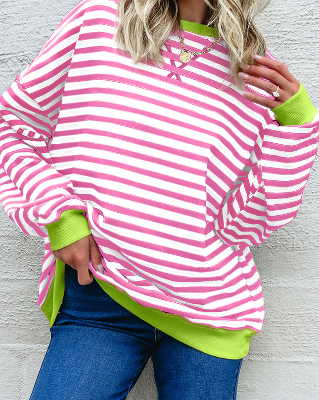 Blue Striped Contrast Trim Drop Shoulder Sweatshirt