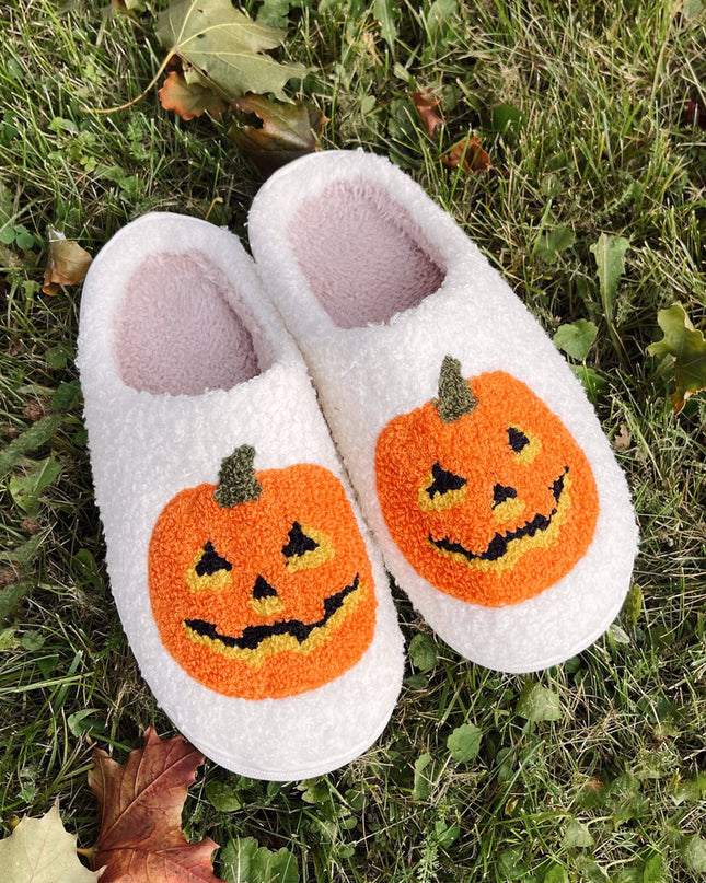 White Halloween Pumpkin Print Plush Slippers