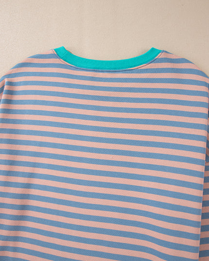 Blue Striped Contrast Trim Drop Shoulder Sweatshirt