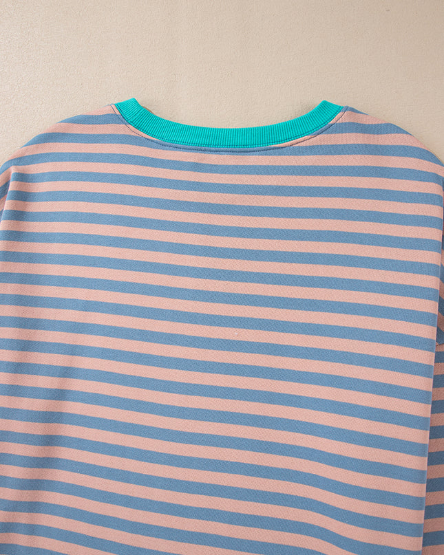 Blue Striped Contrast Trim Drop Shoulder Sweatshirt