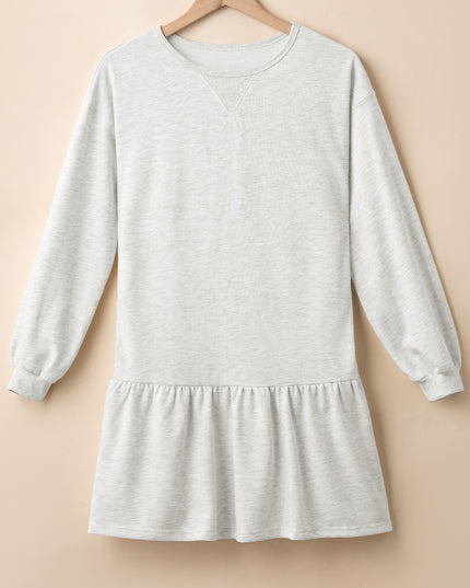 White Solid Color Ruffle Hem Mini Sweatshirt Dress