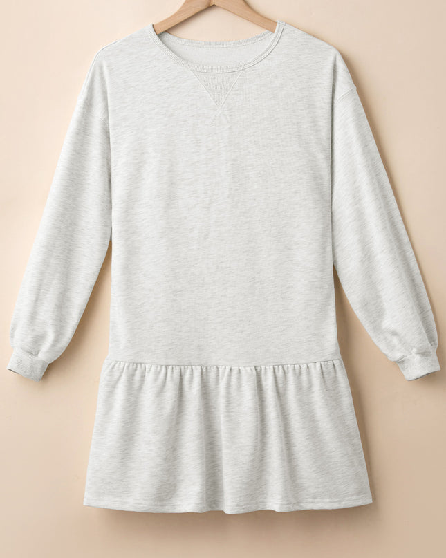 White Solid Color Ruffle Hem Mini Sweatshirt Dress