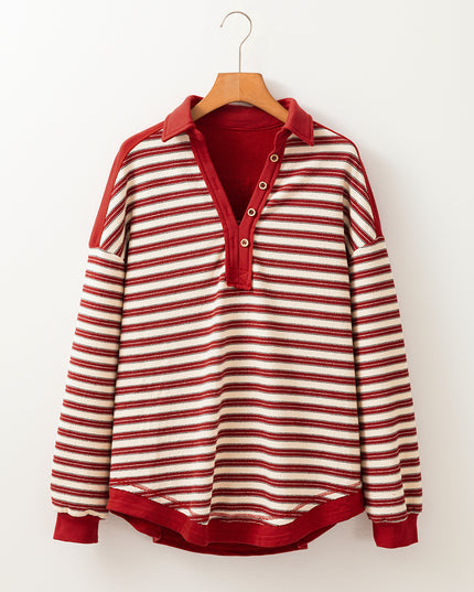 Red Stripe Collared V Neck Drop Shoulder Top
