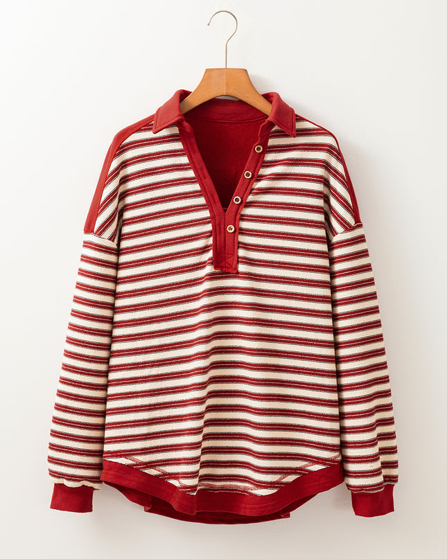 Red Stripe Collared V Neck Drop Shoulder Top