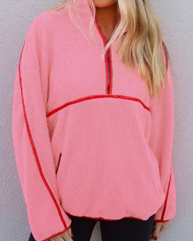 Strawberry Pink Long Sleeve Kangaroo Pocket Sweatshirt