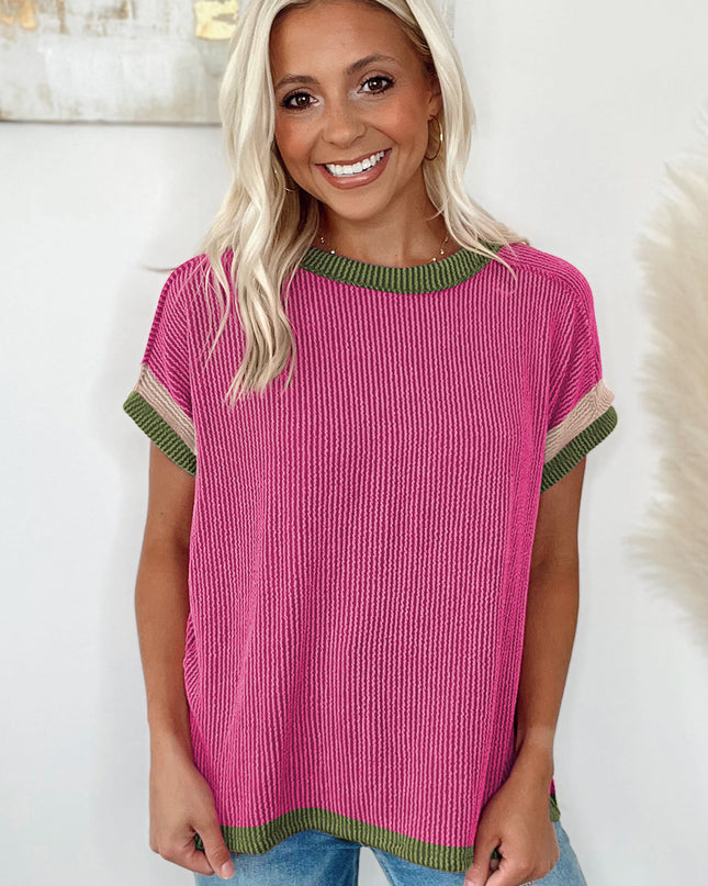 Rose Red Textured Colorblock Round Neck T Shirt