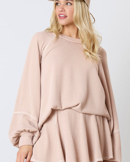 Jet Stream Lantern Sleeve Pullover & Ruffle Mini Skirt Set – Chic Two Piece Outfit