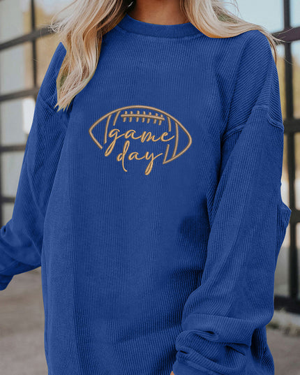 Dark Blue Football Graphic Drop Shoulder Game Day Corded Sweatshirt