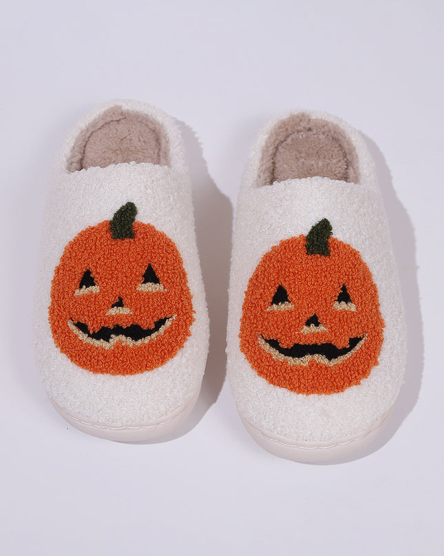 White Halloween Pumpkin Print Plush Slippers