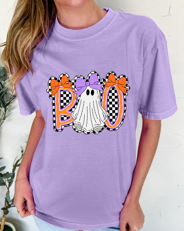Wisteria Boo Checkered Ghost Crewneck Graphic Tee