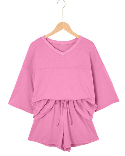 Bonbon Loose V Neck Tee and Drawstring Shorts Set