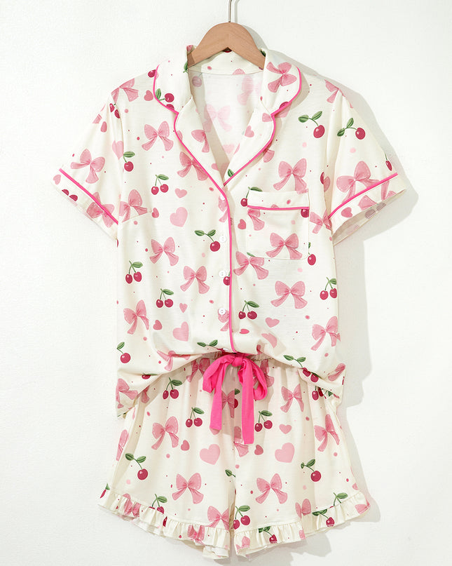 Pink Polka Dot and Bow Print Ruffle Hem Shorts Pajama Set